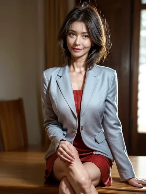 (UHD, masterpiece, anatomically correct, super detail, best quality, 8k)、 Japanese Female Politician、50 years old、((elegant skirt suit))、White cut and sew、 fashion model saluting with hands、 slender body、(( very short hair:1.1))、 confident smiles、 perfect ...