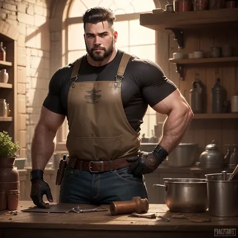 8k, masterpiece, best quality, realistic, higly detailed, 1male, solo, a burly blacksmith named Edgar, blacksmith clothes