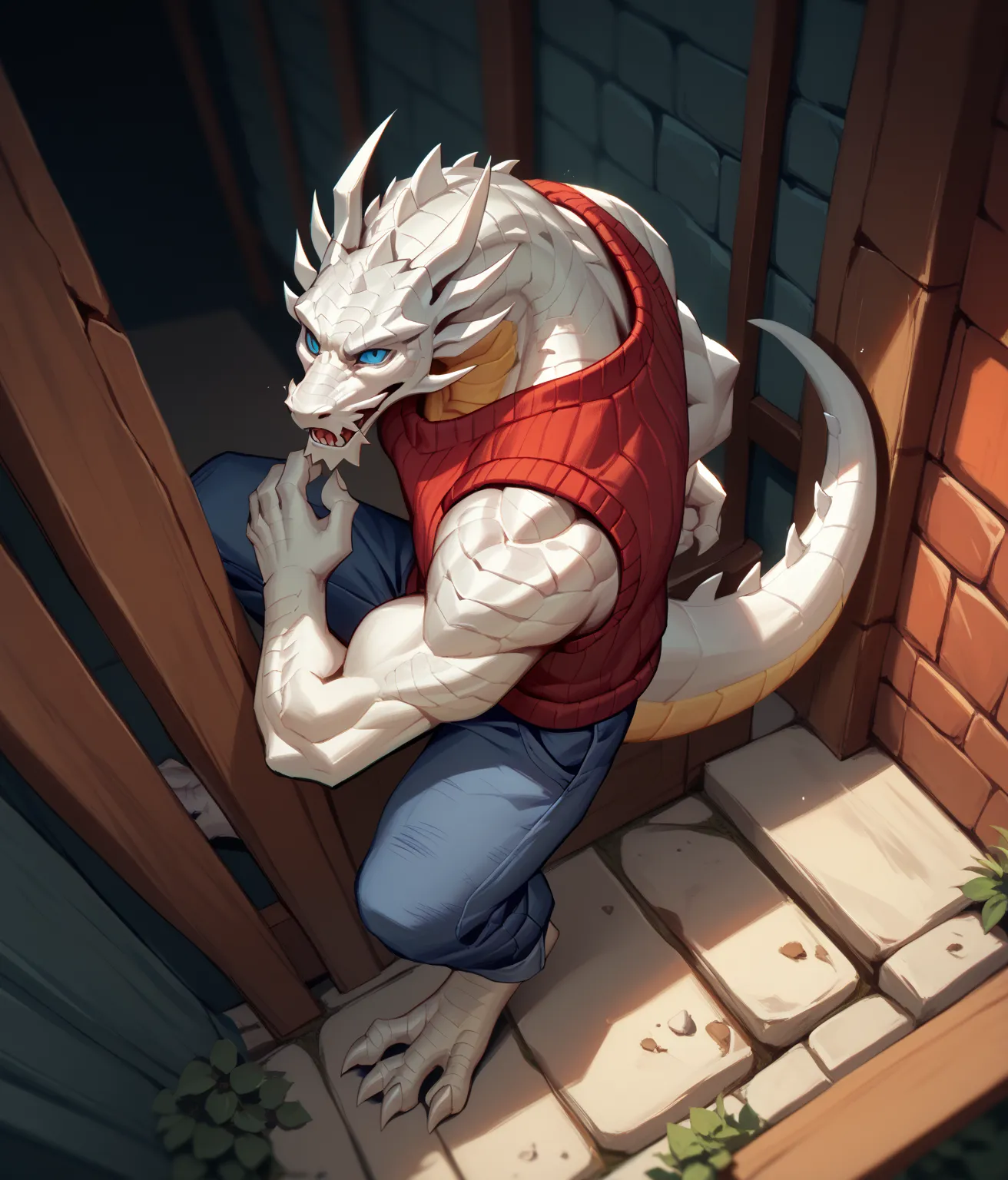 shendu,  most recent anthropomorphic ,  alone,  male background, huge body, (wild:0.7), scale, detail scale, scaly , white body ,   blue eyes, Teeth, reptile,  sleeveless black sweatshirt , purple jeans ,  red sleeveless sweater,  wide shoulders, weak,  th...