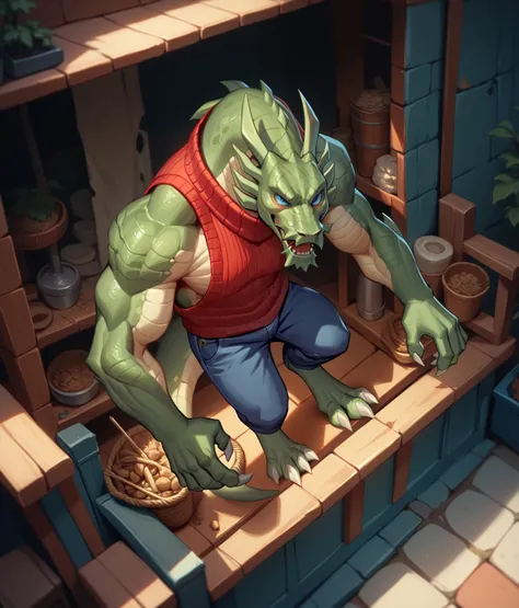 shendu,  most recent anthropomorphic ,  alone,  male background, huge body, (wild:0.7), scale, detail scale, scaly , white body ,   blue eyes, Teeth, reptile,  sleeveless black sweatshirt , purple jeans ,  red sleeveless sweater,  wide shoulders, weak,  th...