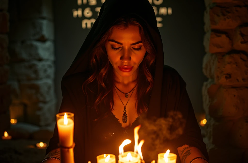 A gothic witch performing a ritual, surrounded by flickering candlelight and glowing embers. The fire casts warm golden highlights on her face, while deep shadows add an air of mystery. The background is a darkened stone chamber with runes glowing faintly ...