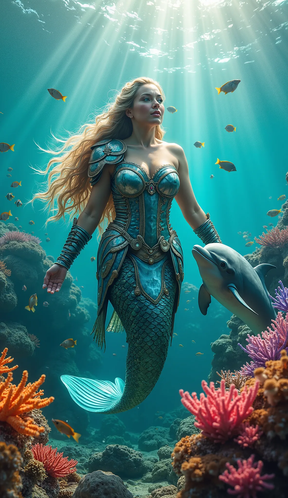 Hyper-realistic, high-detail underwater fantasy scene: a proud, plus-size mermaid, clad in an intricately designed warrior costume that fully covers her body, gracefully swims amidst a vibrant coral reef. Her armor, reminiscent of ancient marine warriors, ...