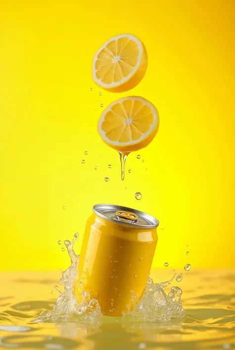 cinematic beverage-focused image showcasing a yellow soda can immersed in shimmering water, its surface covered with cold, glistening droplets. Suspended in mid-air above the can, vibrant lemon halves are shown dripping juice, with dynamic water droplets s...