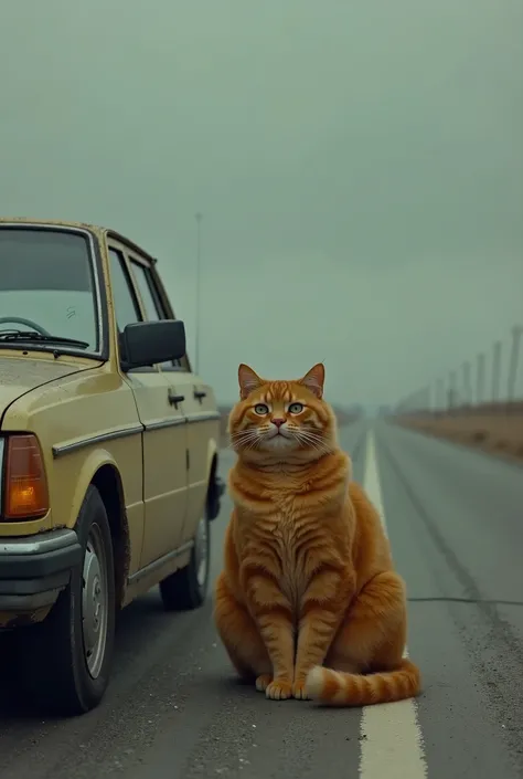 Fat orange cat next to car on road sad