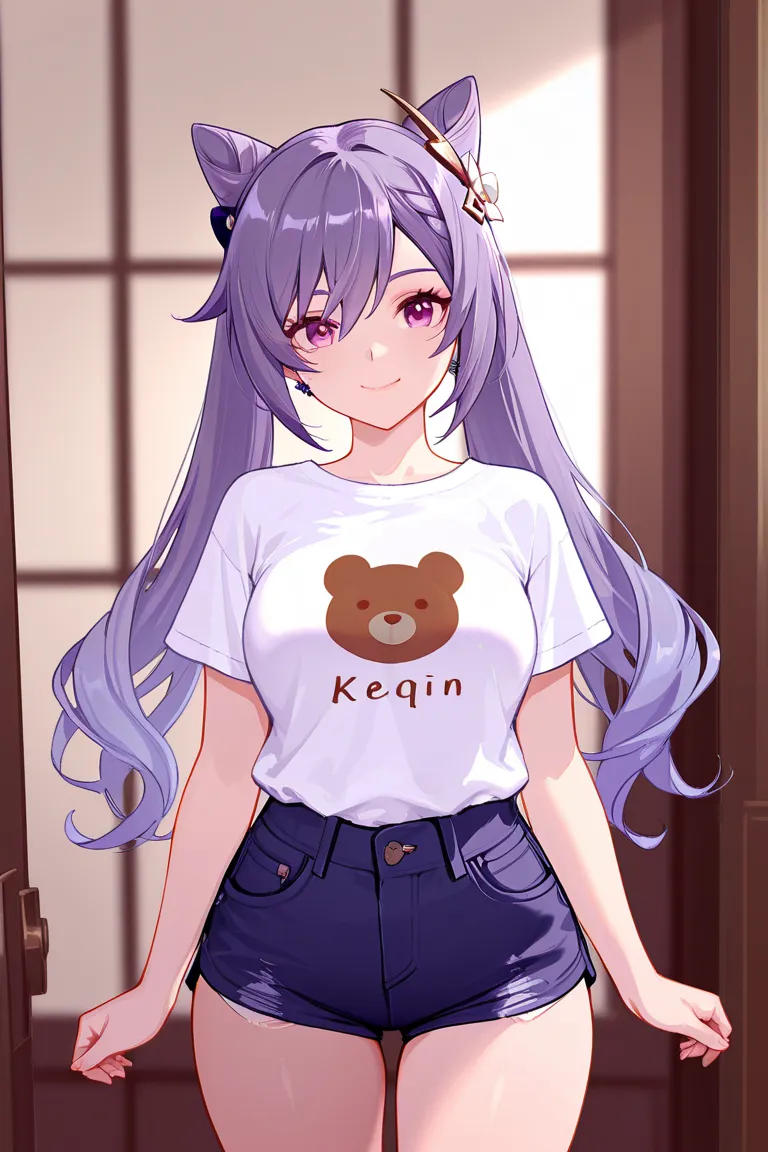 8k,masterpiece, best quality, ultra detailed, high resolution, super fine illustration,Keqing (Genshin impact), 1girl, solo, smile,purple eyes, purple hair, cone hair bun, double bun, braided bangs, long hair, medium breasts, bear patterned shirt, short sh...