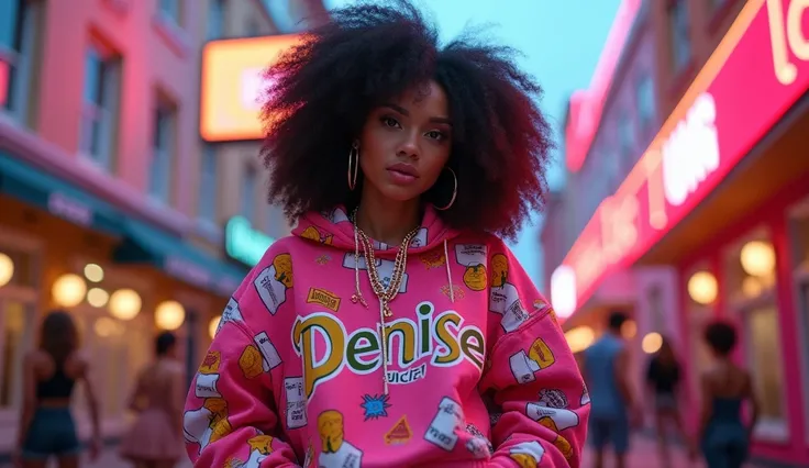 Clothes very similar to the juicy cuture brand, 2000s style, with a similar design that says DENISE, y2k style, not simple, identical to the juicy cuture logo, afro woman