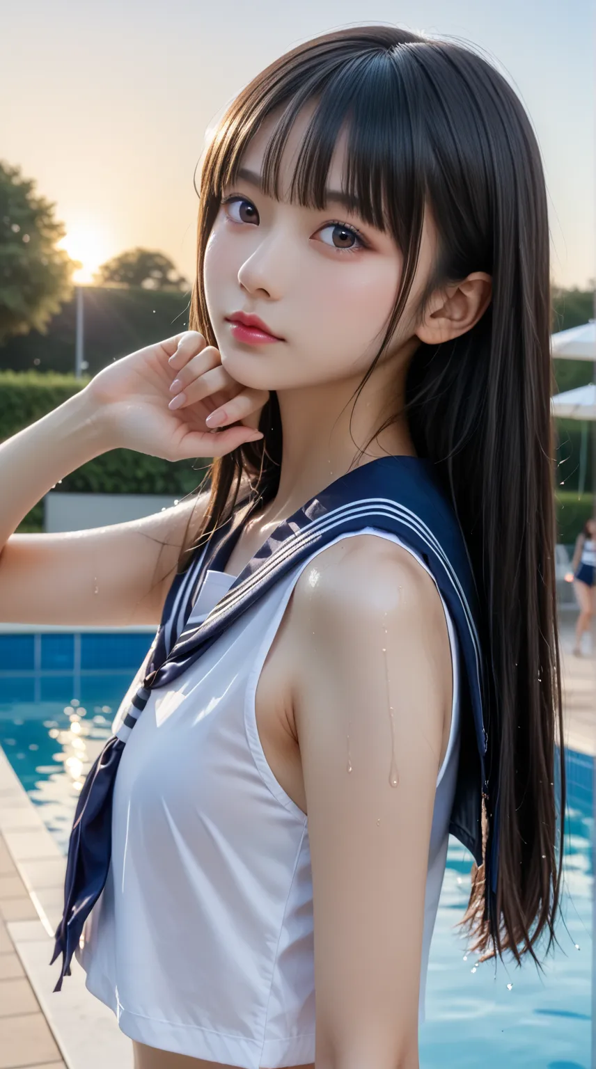   wet Japanese female middle school student   、 masterpiece 、   top quality 、   super high heels、  by Nomi、  Dim sunset   、   RAW Photo 、4K Ultra HD、1080P、  oily skin、  Selfies、(((   beautiful model shoulders close-up   、 Pay attention to shoulders   ,    ...