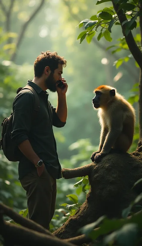 man stands close to the monkey, talking on his mobile phone. His voice is filled with concern, but he is trying to comfort the monkey. The monkey looks at the man as if it understands him. The background remains the same jungle, with light winds blowing an...