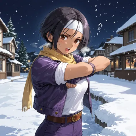 Anime girl in purple clothes pointing at something in the snow,   King of Fighters characters ,  Official Art, high detailed  Official Artwork,  Official Artwork, Fubuki, Midnight from Ace Attorney ,  older woman wearing  {x} Highly detailed elaborate fan ...