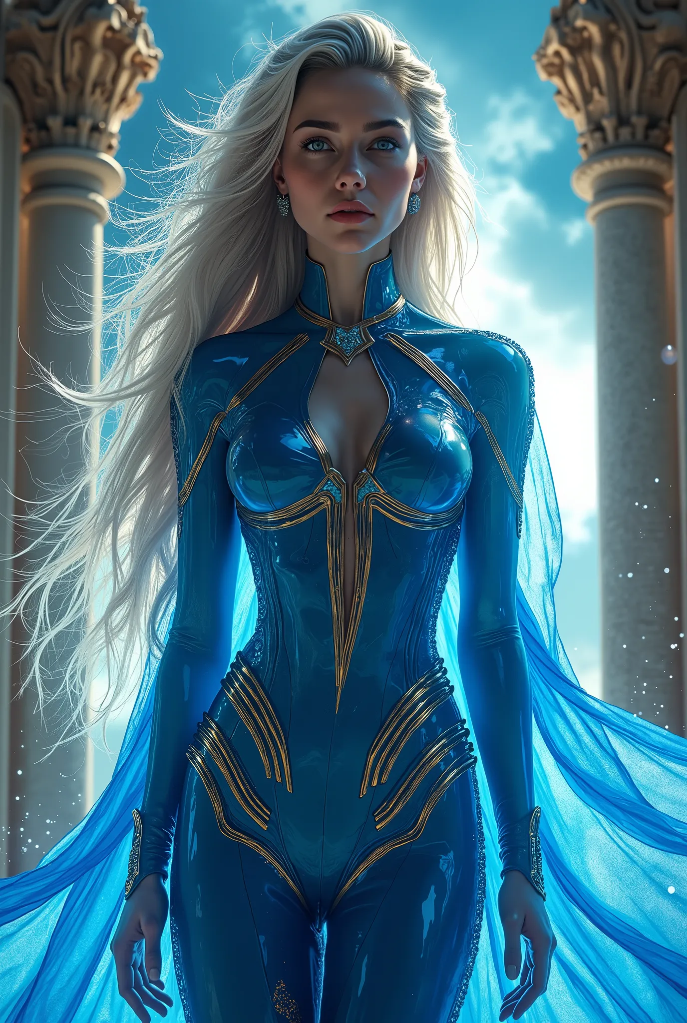 Ultra-detailed, photorealistic digital art of an exquisitely beautiful ancient goddess Anahita, the goddess of water, set in 500 BC. She embodies superhuman power with abilities such as 500,000 tons of strength, 120,000 km/h speed, indestructibility, fligh...