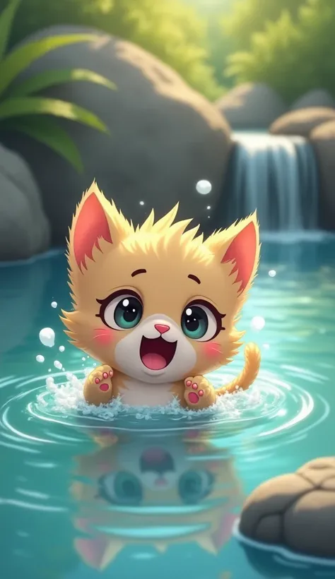 "A small kitten struggling in the water, crying for help. (Cartoon style)"
