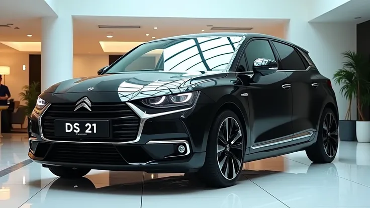 Close front side of 2025 Citroen DS 21 capture from front view in luxury bride showroom and a plate number called Citroen DS 21 and in black colour designing with a citron logo and ds21 plate called number 