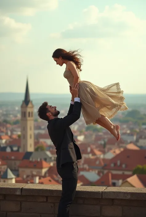 Create a handsome man raising his brunette girlfriend high in a flying developing dress against the backdrop of the observation deck of the European city of Nitra and against the backdrop of tiled roofs of houses ,  extremely realistic,  in detail,  Master...