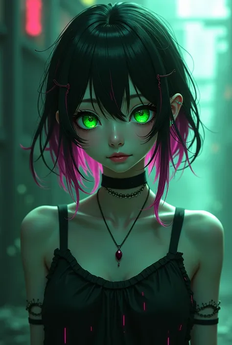 Create anime character ,  Woman,zombie,black hair with pink highlights, green eyes, green-skinned ET.