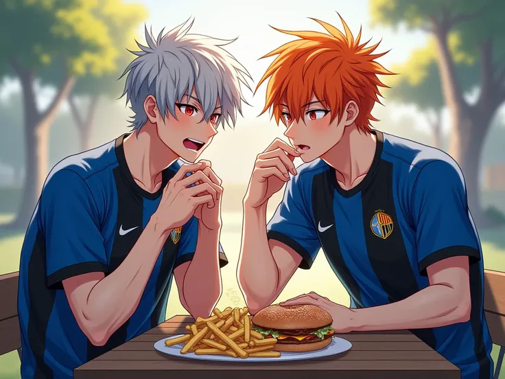 je veux une bonne image d'anime de foot
2 male oc cheveux gris et orange yeux ecarlate stylé artificiel uniform de
sport bleu et noir.entraint de manger au MacDonald 