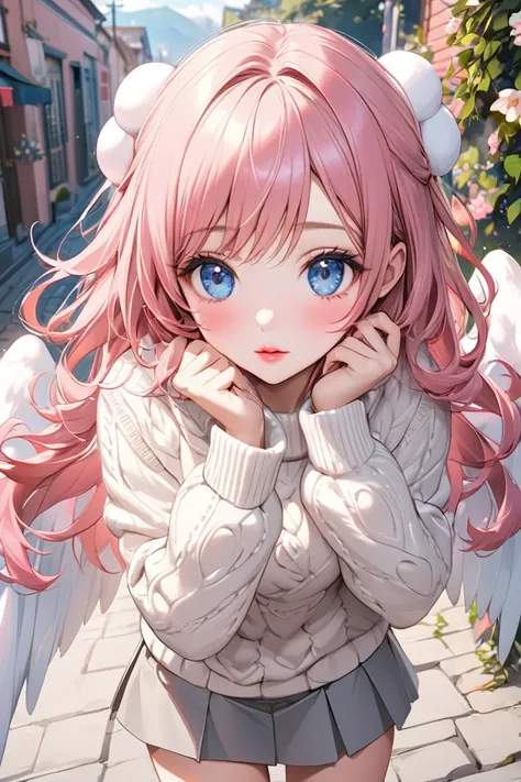 beautiful hands, fluffy sweater like marshmallows, grey short skirt, outdoor, high angle, fluffy wings,
very cute and beautiful girl, (Pink hair:1.2), blue eyes, long hair, beautiful lips