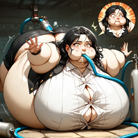 Max caufield,all fours, (immobile vampire girl) fat, (spherical inflation)Solo, oversized fat belly, Crawling, Oversized fat belly   girl, industrial castle background, stringy black hair, pale skin, sickly, wearing a high colar white buttoned blouse and s...