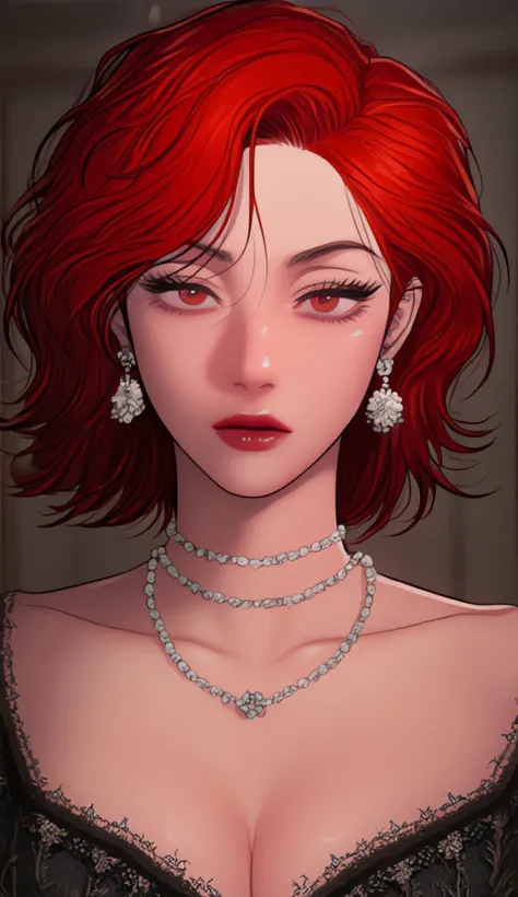 Korean woman, detailed, pearl eyes, red short hair, Deep blush cheeks, creamy skin, prominent eyes, sculpted face, diamond shaped face, very defined, ultra quality, tight long black rococo dress , Pearl necklace ,dominant expression,serious expression, arc...