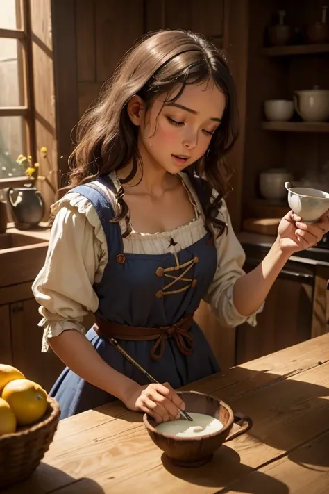 household scene,  A girl in a medieval dress in the kitchen pours milk from a clay jug into a clay cup, (  Masterpiece ,   high quality),  very diffused light, sensual movements,  slightly open mouth ,  closed eyes, Soft light,    High-resolution photograp...