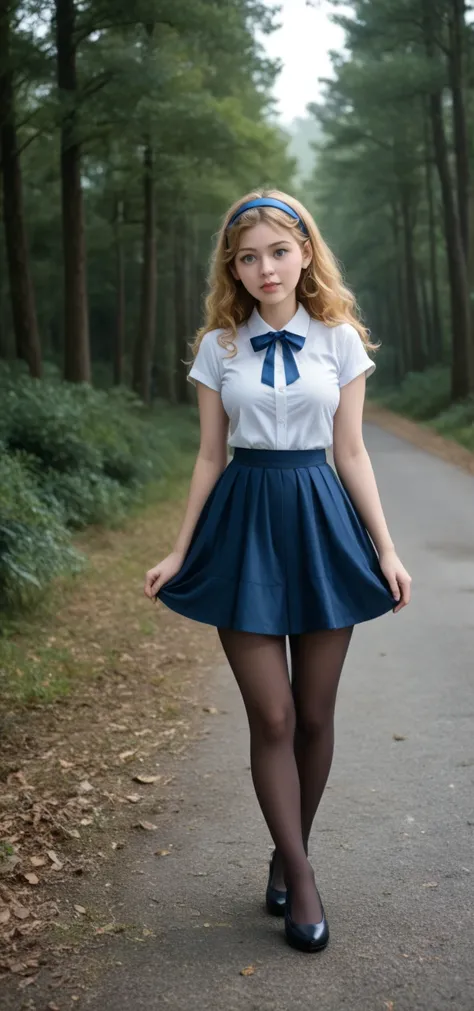 ( the best quality, high resolution ,ultra - detailed,actual), Alice in Wonderland, vestido corto azul,  white socks ,  Long yellow hair , ,(  dark forest background  :1.4 ), More detailed 8K. unrealistic game engine :1.4, ultra high definition, the best q...