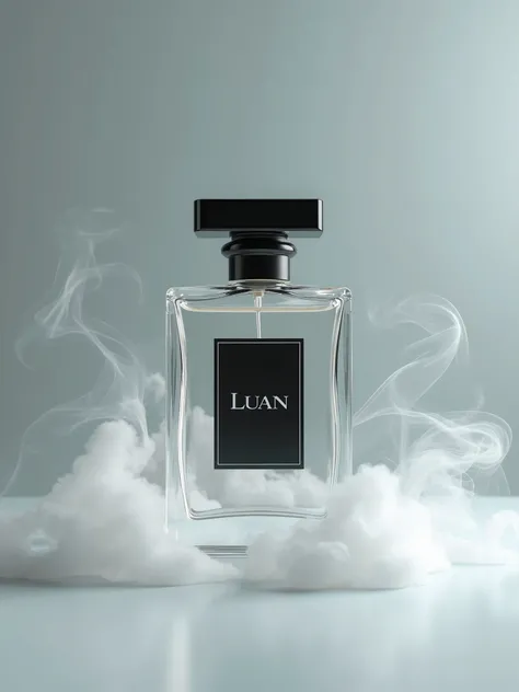 There is a glass perfume bottle in the middle, it has a black megatina that says Luan. Behind the table is a soft pastel gray wall, around the bottle there is smoke floating in the air.