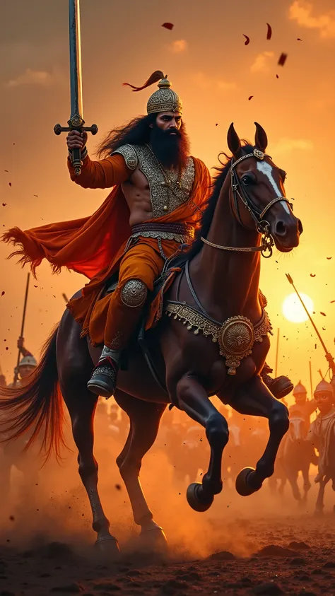 Chhatrapati Shivaji Maharaj in full battle armor, mounted on a muscular warhorse, slashing through enemy soldiers with his mighty sword. His long, set beard and saffron attire glow under the battlefield’s burning flames. His face appears terrifying to his ...