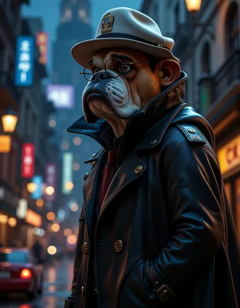  brutal police detective ,black leather cloak ,white hat,round glasses,stylish look ,  police detective -bulldog dog ,  as a police detective -bulldog,  against the city at night, is highly detailed