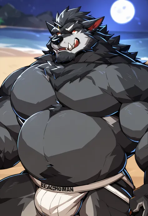 solo, Medium muscular werewolf, black wolf, boy, big body, anthro, from Zixiong , from DRKS , belly overhang, wider fatter, bbm, hot big man, close up, 4k, captivating pose,moonlight, jockstrap, DRKS, inflation, weight shifting, beach, dominant subject