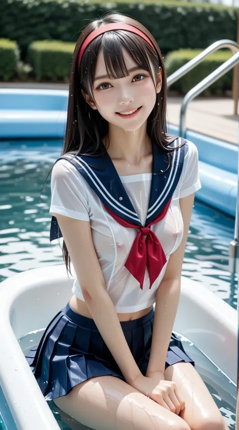 (((  a girl is sliding on a water slider ))), ((( I'm playing with a water slider  ))), ((( she's sliding down in a water slide )))、 large close-up shot   ,  mouth、White teeth、 smiling girl、  fun face、break (((  wet uniform、   Tight Small Breasts  、Separat...