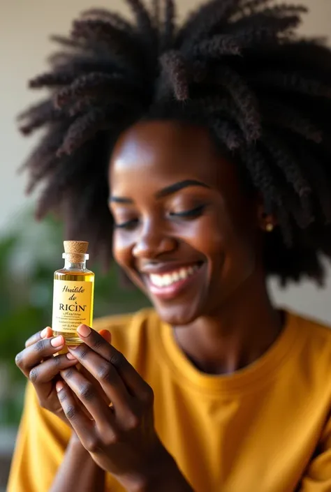 A young African woman with thick, voluminous natural hair, glowing dark skin, and a warm smile, holding a small 30ml glass bottle labeled 'Huile de Ricin'. The bottle is transparent, showing golden castor oil inside, with a simple yet elegant label. She is...