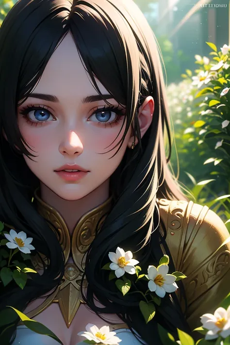 a beautiful girl in a magical garden, detailed portrait, extremely detailed face, beautiful detailed eyes, beautiful detailed lips, long eyelashes, intricate floral dress, sunbeams, lush greenery, fantasy, digital art, 8k, high resolution, photorealistic, ...