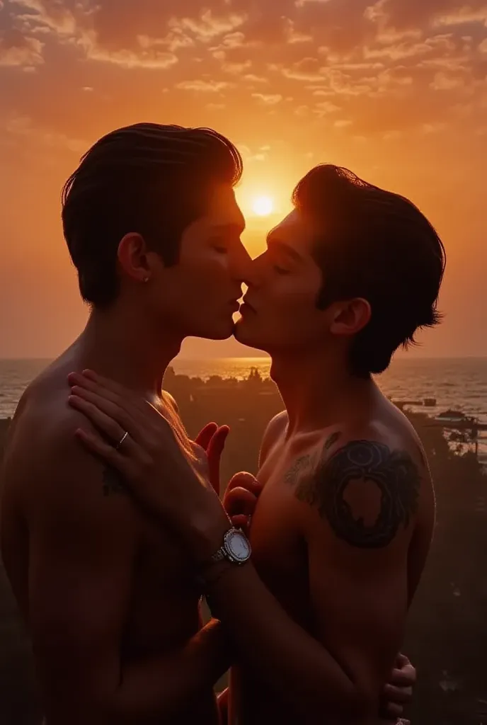 retrato , close up, two beautiful young men kissing each other in profile, one is taller than the other . Against the light of the sunset 