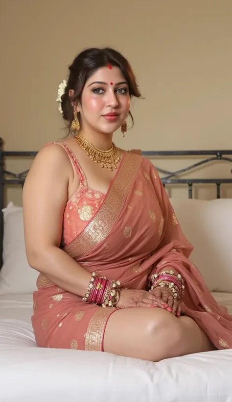 Indian beautiful woman sexy bhabhi, Sleeveless blouse,very deep cleavage,curvy plus size model wearing transparent copper peacock printed color saree ,Copper satin glossy sleeveless blouse, plenty pink bangles in hand,bindi on fore head,facing to camera in...