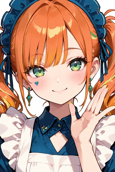 best quality, masterpiece, 748 cm, style, 1 girl, bird-shaped face mark, v-neck above the eye, nail polish, looks at the viewer, green eyes, yellow nails, smile,    orange hair, blush, upper body, smile, maid's apron, maid's headdress, collared dress, whit...