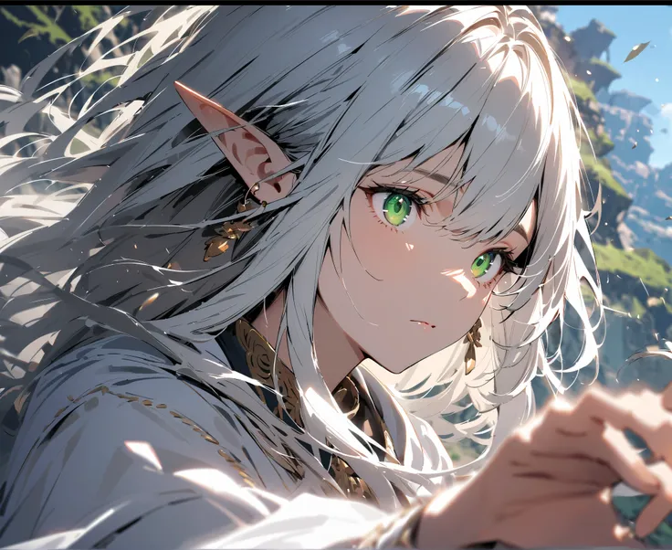 (( best quality)),(( very detailed)), Masterpiece , absurdities , detailed face, Pretty face,( detailed eyes, deep eyes ), 1 girl(( dynamic pose)),  sunlight from behind,  pointy ears ,  loose hair,  jewelry,  green eyes,  white hair,  earrings, elf, flyin...