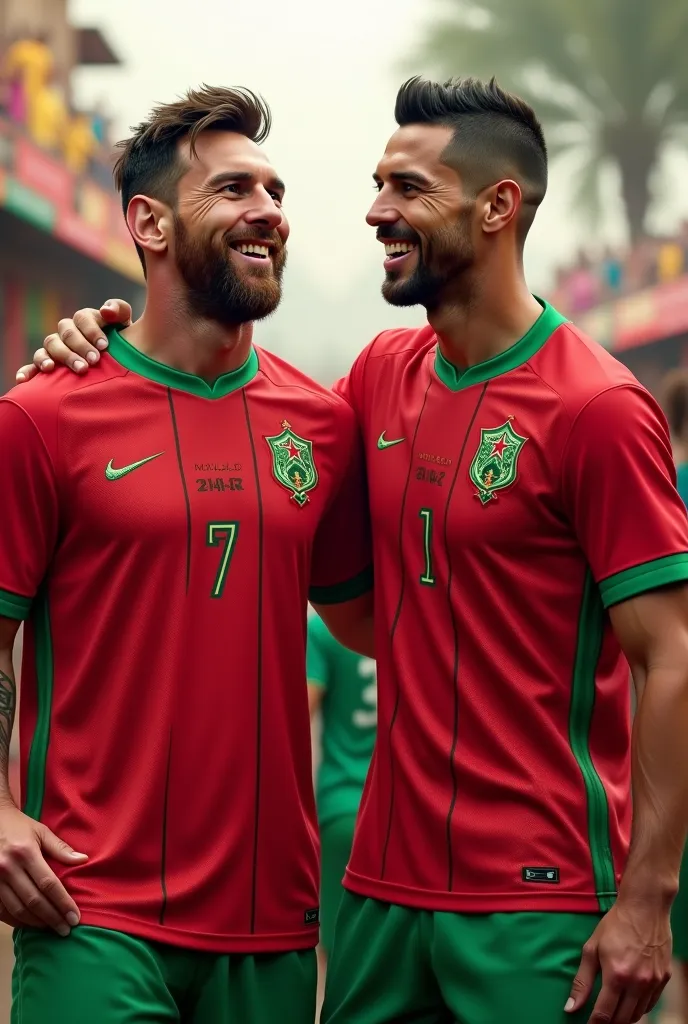 Messi And Ronaldo putting a Morocco t-shirt 