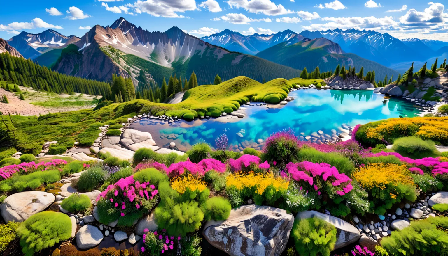  captivating thin bright sketch in ink , the pristine mountain landscape ,  bright saturated colors,  with a clear blue river with smooth stones and boulders in and around the water . The landscape is replete with vibrant wild flowers in countless shades ,...