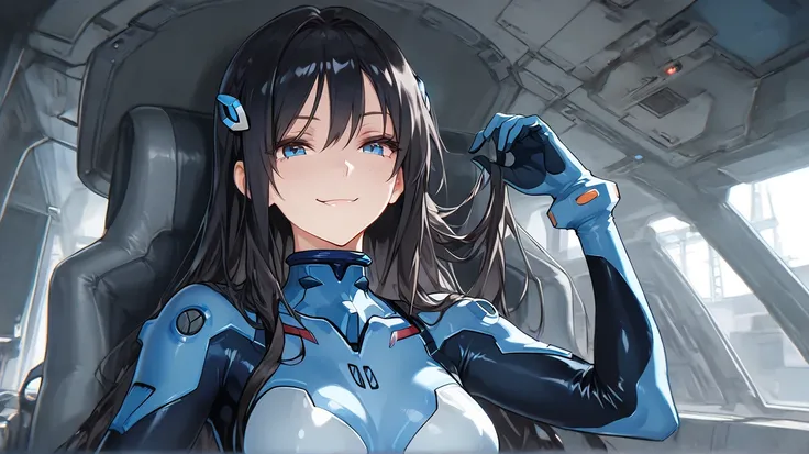  an HD Scene of a mysterious mature 30-year-old long black hair female with bright light blue eyes wearing wearing a ((Blue and black)) plugsuit with a evil sadist smirk at an advanced facility, high detail, high quality, best quality, 8k, masterpiece