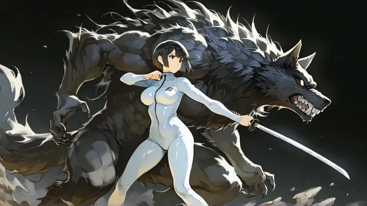 a mature 30 year old girl wearing a simple white fullbody spandex jumpsuit with black details with short bob cut black hair and black eyes holding a katana in a serious determined expression while standing next to a large intimidating black werewolf in the...