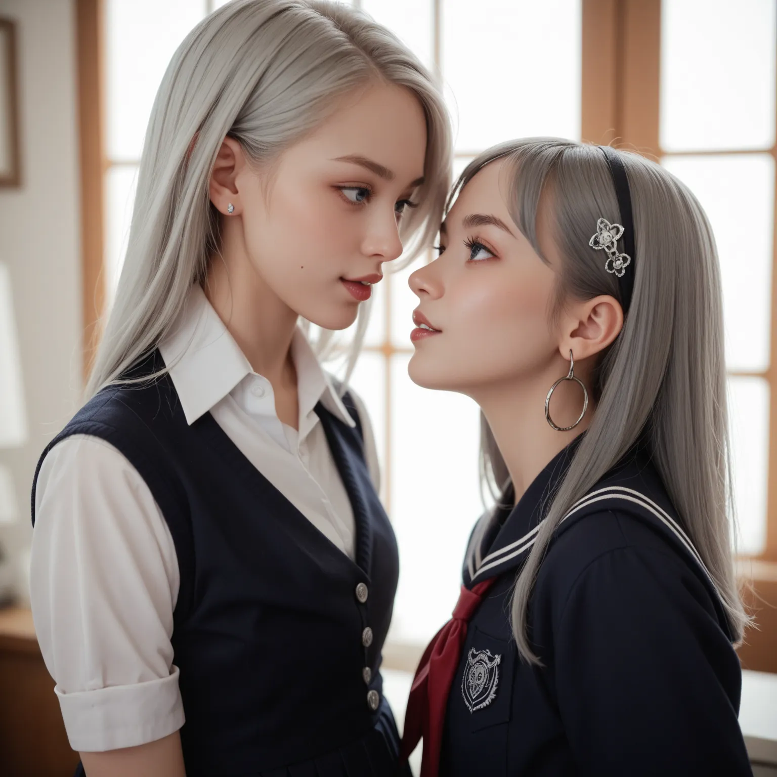 Cheap quality images taken with a toy camera. Two girls look at each other with their foreheads touching、、 Preadolescence、
low-key、 film grain, Gray hair, Gothic Fashion-style school uniform