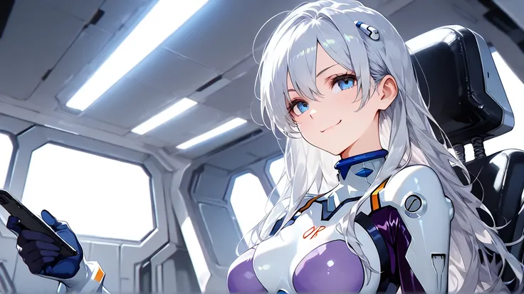  an HD Scene of a mysterious mature 30-year-old long silver hair female with bright light blue eyes wearing wearing a ((purple)) plugsuit with a smug confident smirk at an advanced facility, high detail, high quality, best quality, 8k, masterpiece