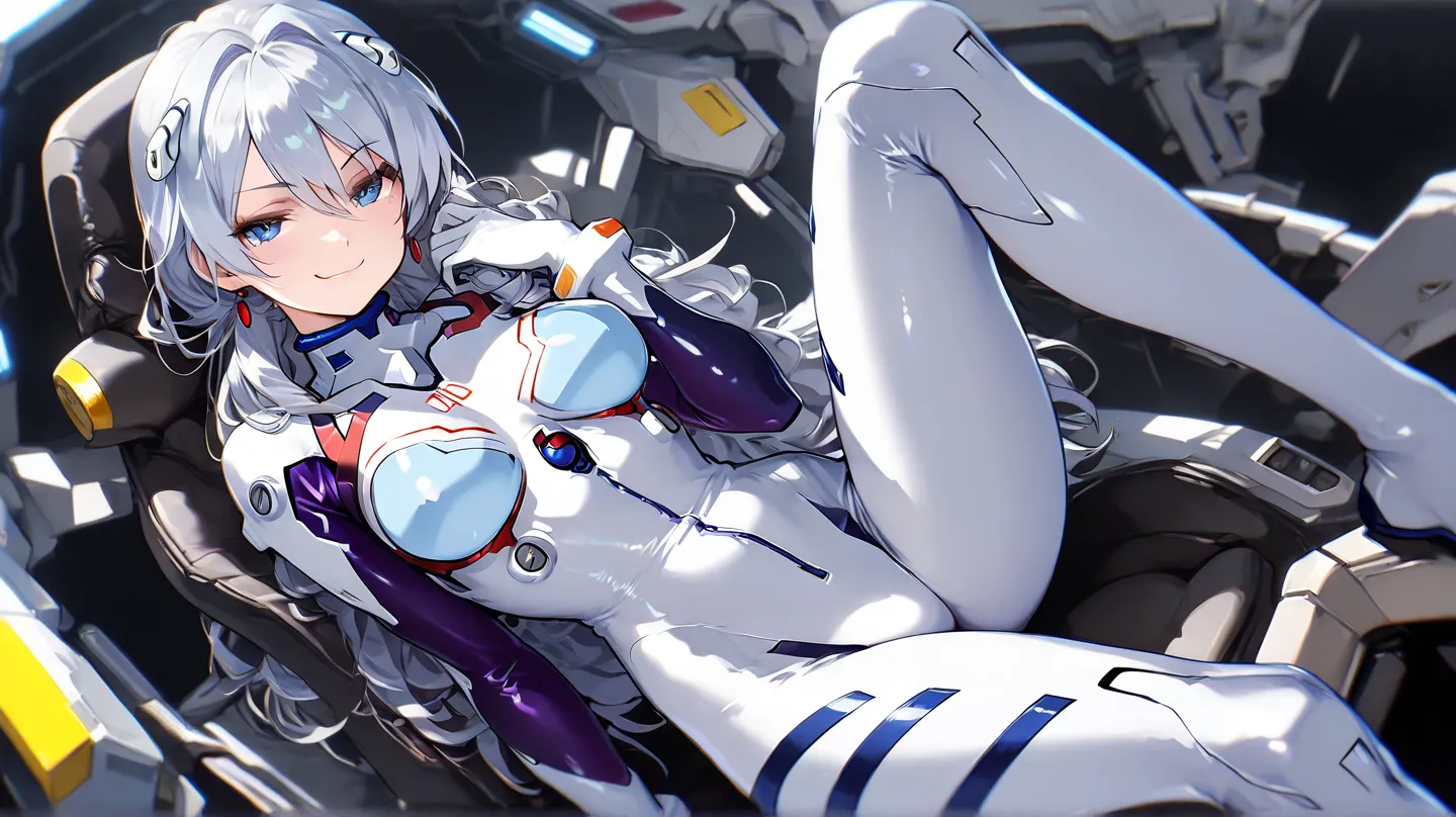  an HD Scene of a mysterious mature 30-year-old long silver hair female with bright light blue eyes wearing wearing a ((purple)) plugsuit with a smug confident smirk at an advanced facility, high detail, high quality, best quality, 8k, masterpiece