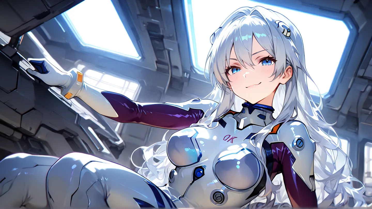  an HD Scene of a mysterious mature 30-year-old long silver hair female with bright light blue eyes wearing wearing a ((purple)) plugsuit with a smug confident smirk at an advanced facility, high detail, high quality, best quality, 8k, masterpiece