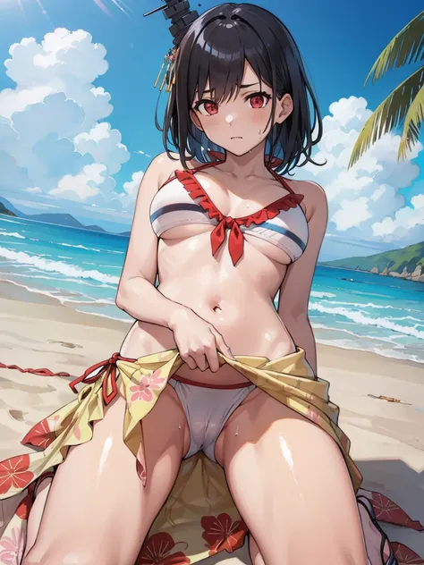 Portrait, official art, best masterpiece, best quality, best resolution, 8K, best detailed, perfect anatomy
BREAK
YamashiroBikiniKC, short hair, (red eyes, black hair), (hair ornament, headgear:1.1), bikini, sandals, (floral print) sarong, (white) bikini, ...