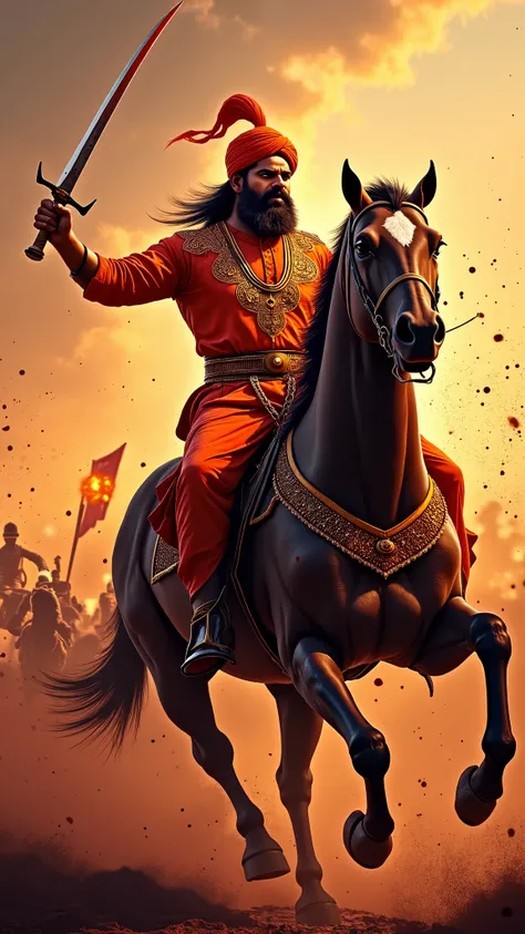 Chhatrapati Shivaji Maharaj, seated on his warhorse, delivers a final, deadly strike to an enemy warrior, blood spraying across his armor. His sword glows under the burning battlefield fires, dripping red from relentless combat. His deep saffron tilak, sli...