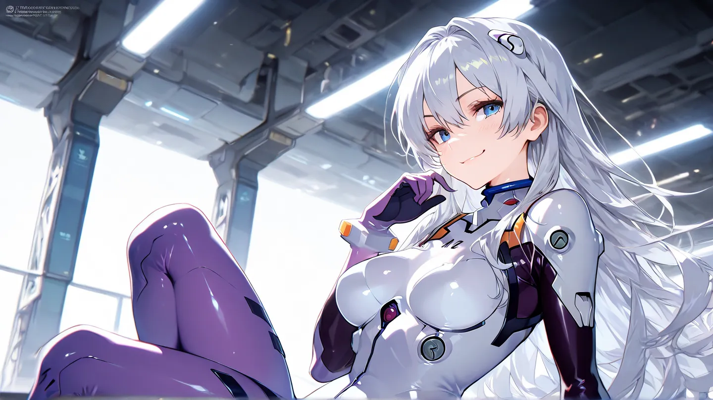  an HD Scene of a mysterious mature 30-year-old long silver hair female with bright light blue eyes wearing a purple spandex plugsuit with a smug confident smirk at an advanced facility, high detail, high quality, best quality, 8k, masterpiece