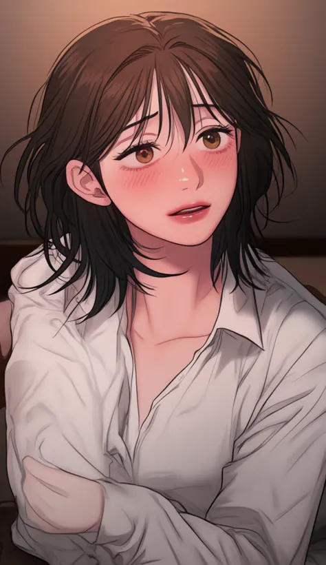 dark brown hair, pale skin,  brown eyes, Semi-short hair capado y paraded,  long sleeve white button down shirt,She is smiling slightly ,  she has some mild purple circles under her eyes ,tired eyes