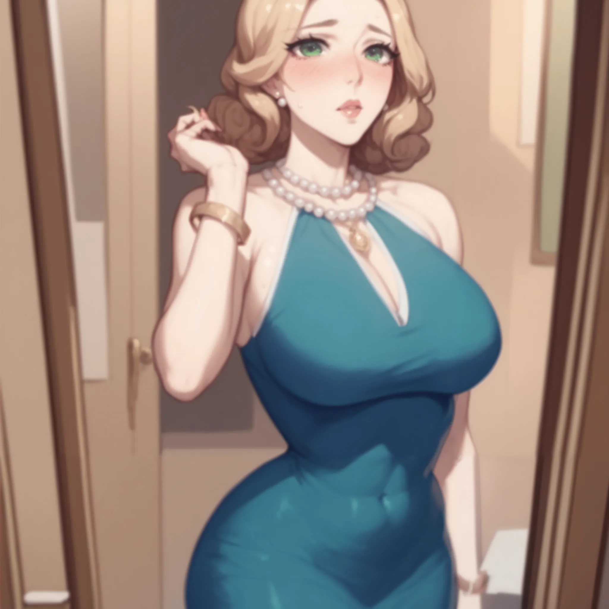 short blond hair, mature, huge boobs, blush, room, green eyes, tight dress