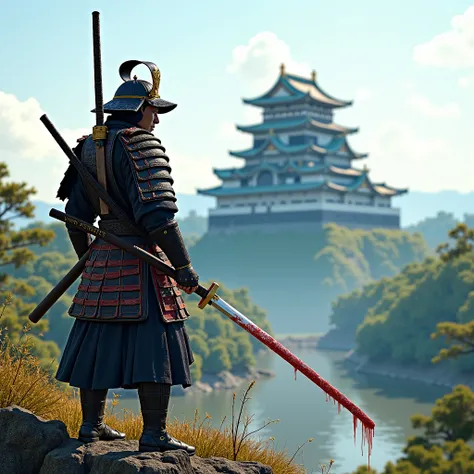  nature,there is a castle nearby , next to them is a samurai with a sword covered in blood and the Ackerman inscription