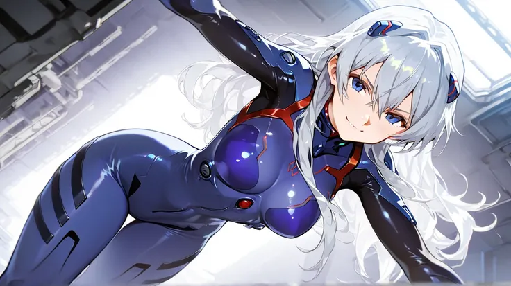  an HD Scene of a mysterious mature 30-year-old long silver hair female with bright light blue eyes wearing a deep purple spandex plugsuit with a smug confident smirk at an advanced facility walking towards her eva unit mech, high detail, high quality, bes...